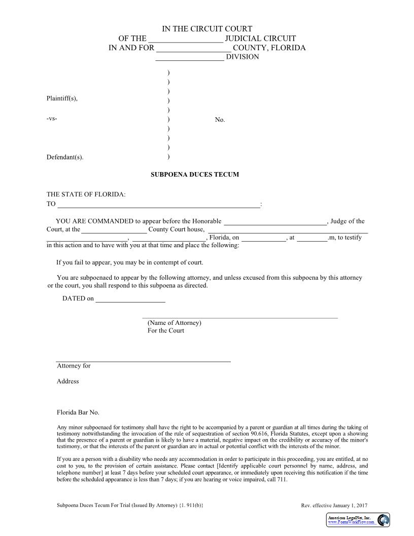 Subpoena Duces Tecum For Trial (For Issuance By Attorney) {1.911(b)} | Pdf Fpdf Docx | Florida