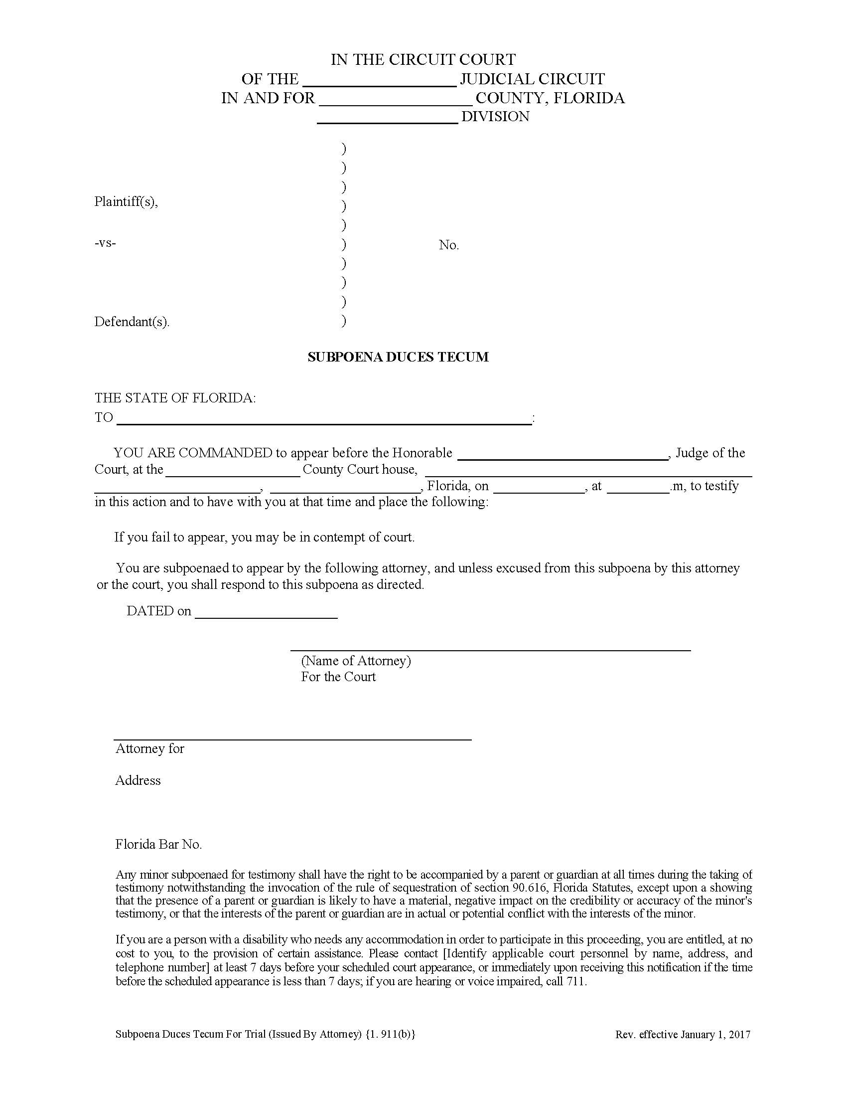 Subpoena Duces Tecum For Trial (For Issuance By Attorney) {1.911(b)} | Pdf Fpdf Docx | Florida