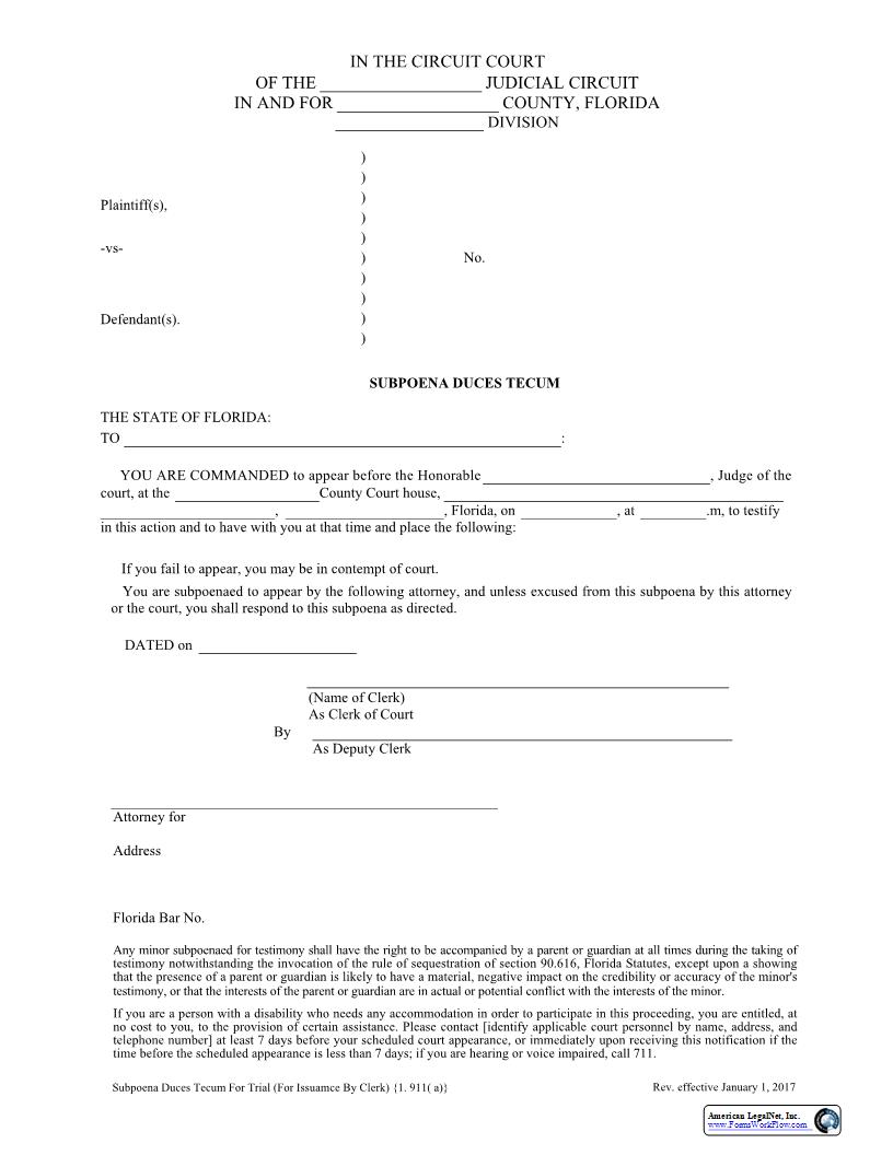 Subpoena Duces Tecum For Trial (For Issuance By Clerk) {1.911(a)} | Pdf Fpdf Docx | Florida