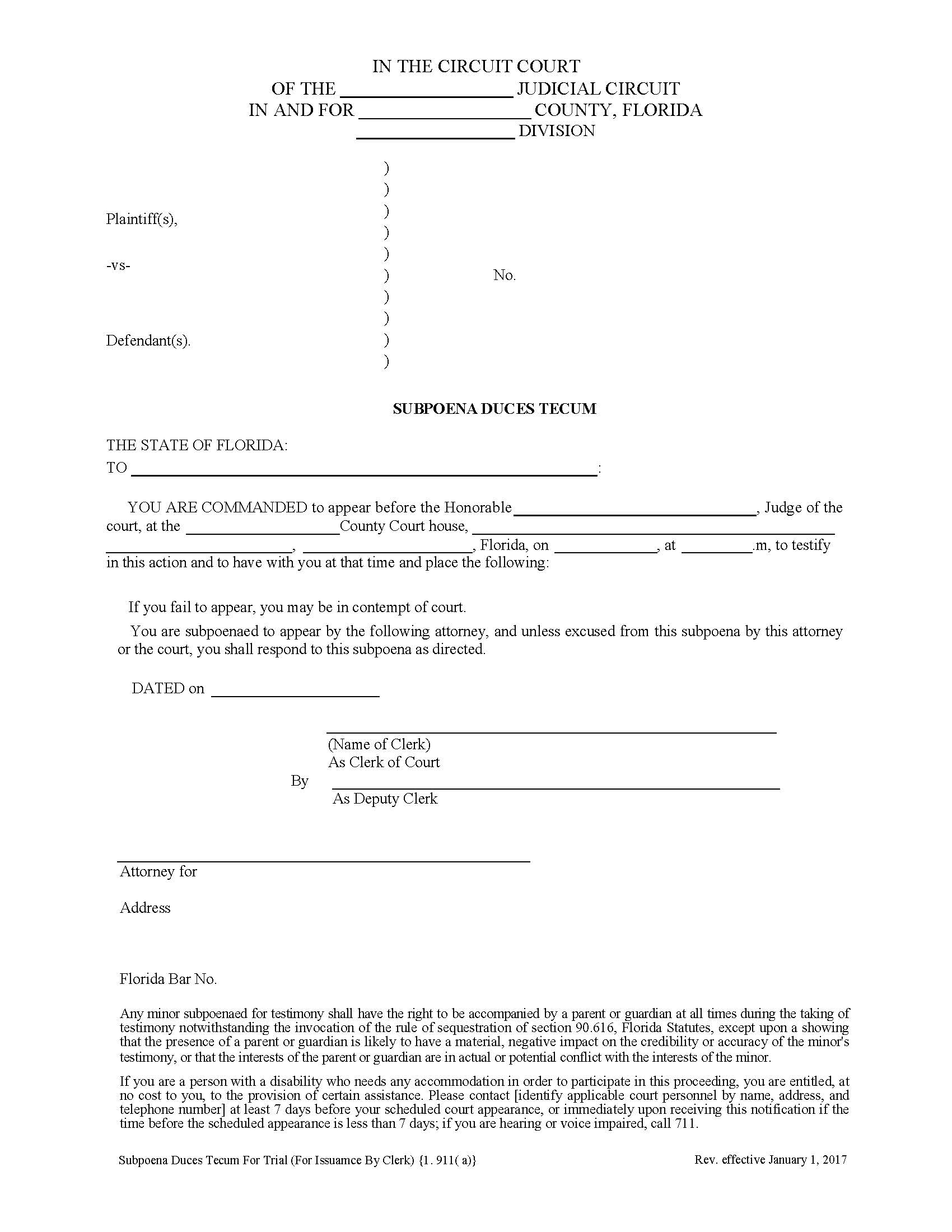 Subpoena Duces Tecum For Trial (For Issuance By Clerk) {1.911(a)} | Pdf Fpdf Docx | Florida