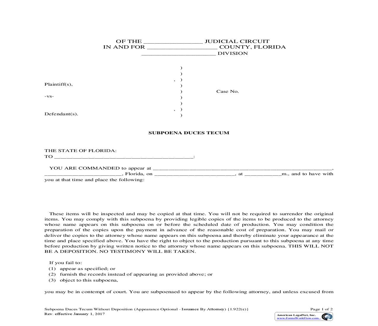 Subpoena Duces Tecum Without Deposition (Appearance Optional - For Issuance By Attorney) {1.922(c)} | Pdf Fpdf Doc Docx | Florida