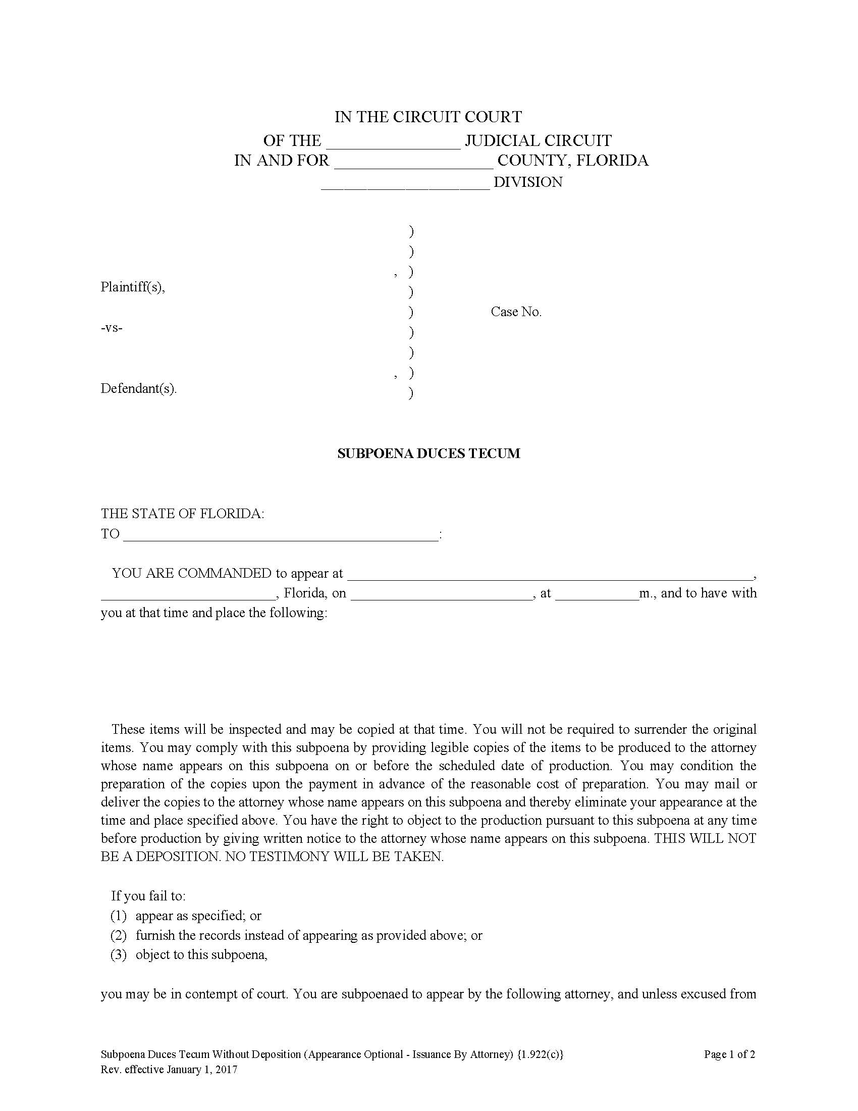 Subpoena Duces Tecum Without Deposition (Appearance Optional - For Issuance By Attorney) {1.922(c)} | Pdf Fpdf Doc Docx | Florida