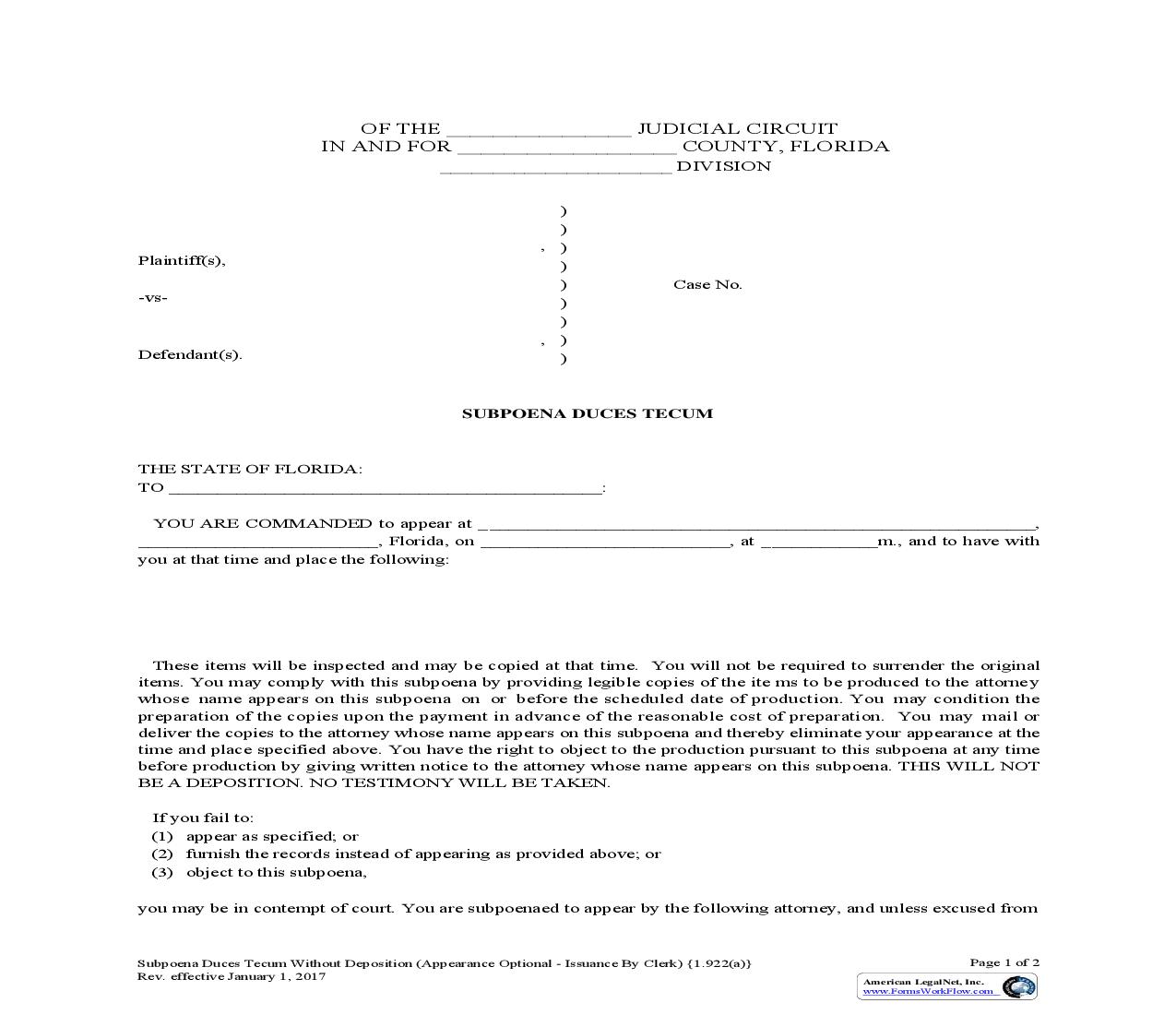 Subpoena Duces Tecum Without Deposition (Appearance Optional - To Be Issued By Clerk) {1.922(a)} | Pdf Fpdf Doc Docx | Florida