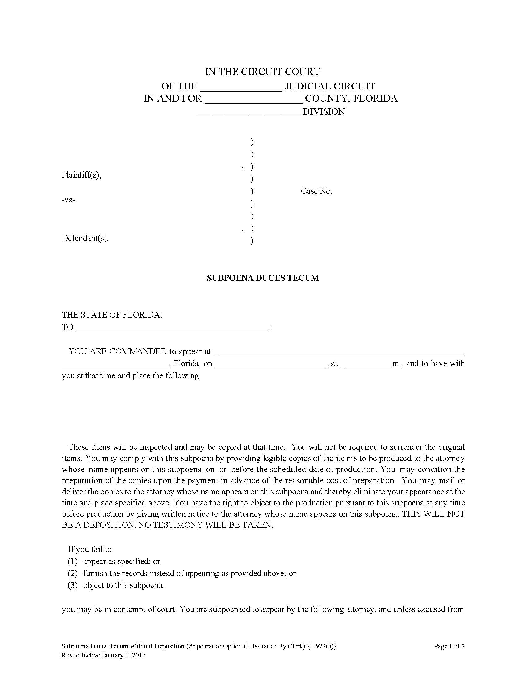 Subpoena Duces Tecum Without Deposition (Appearance Optional - To Be Issued By Clerk) {1.922(a)} | Pdf Fpdf Doc Docx | Florida