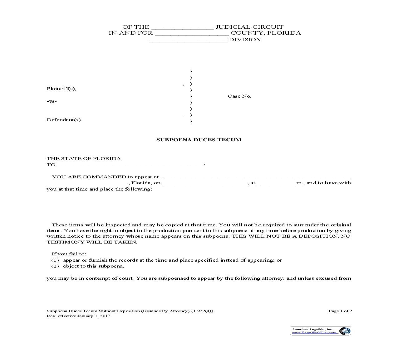 Subpoena Duces Tecum Without Deposition (For Issuance By Attorney) {1.922(d)} | Pdf Fpdf Doc Docx | Florida