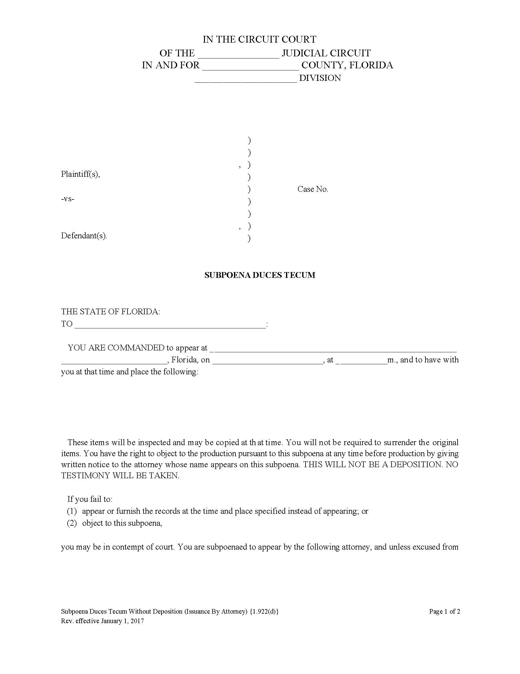 Subpoena Duces Tecum Without Deposition (For Issuance By Attorney) {1.922(d)} | Pdf Fpdf Doc Docx | Florida