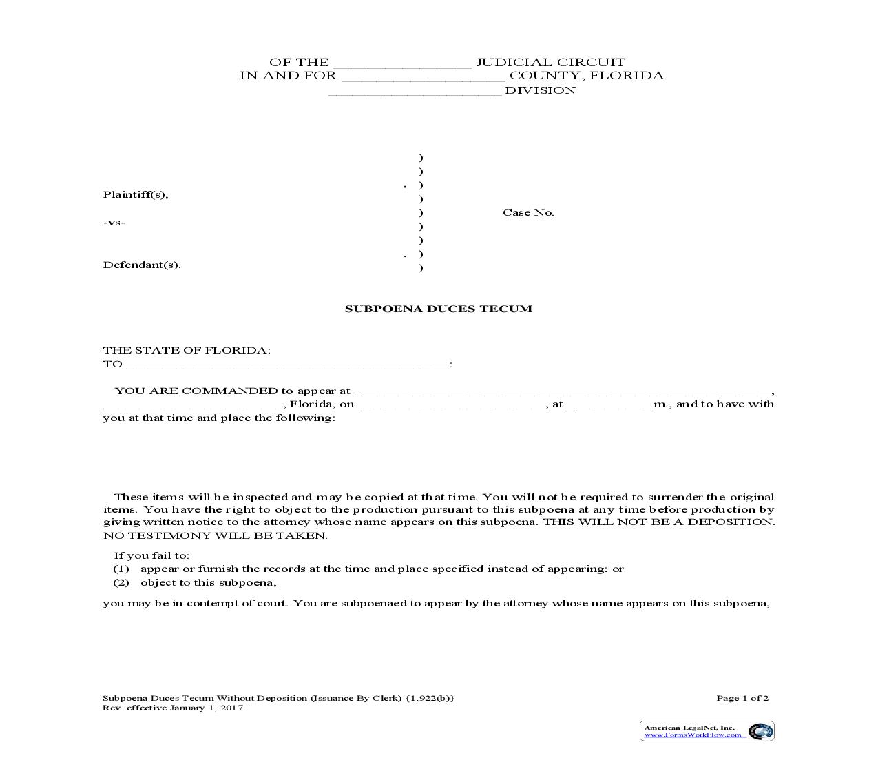 Subpoena Duces Tecum Without Deposition (For Issuance By Clerk) {1.922(b)} | Pdf Fpdf Doc Docx | Florida
