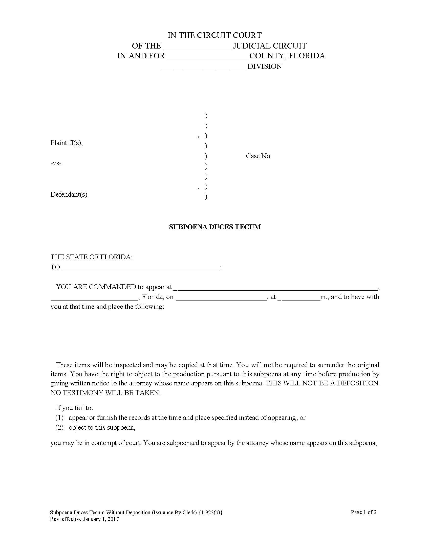 Subpoena Duces Tecum Without Deposition (For Issuance By Clerk) {1.922(b)} | Pdf Fpdf Doc Docx | Florida