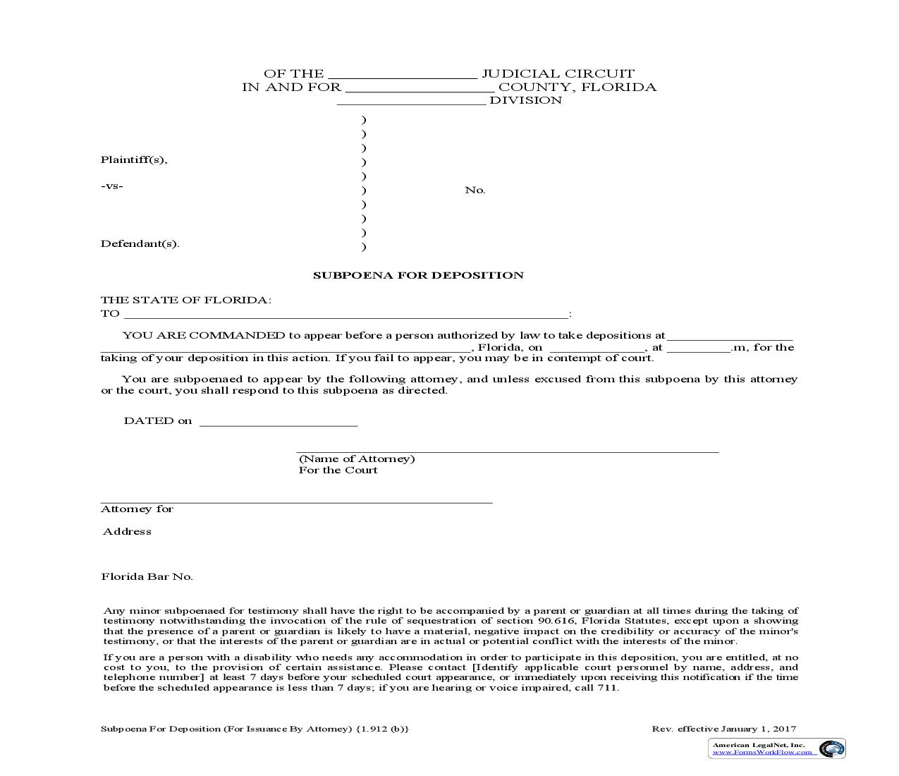 Subpoena For Deposition (For Issuance By Attorney) {1.912(b)} | Pdf Fpdf Doc Docx | Florida