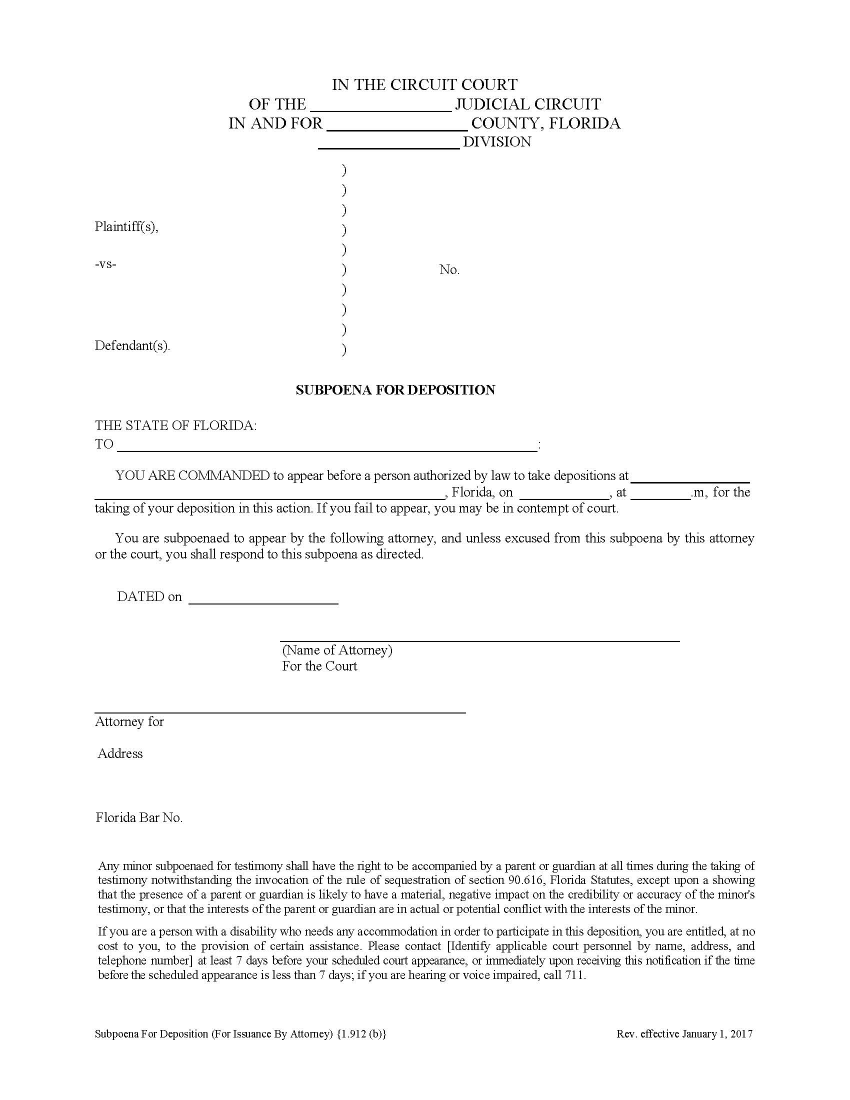 Subpoena For Deposition (For Issuance By Attorney) {1.912(b)} | Pdf Fpdf Doc Docx | Florida