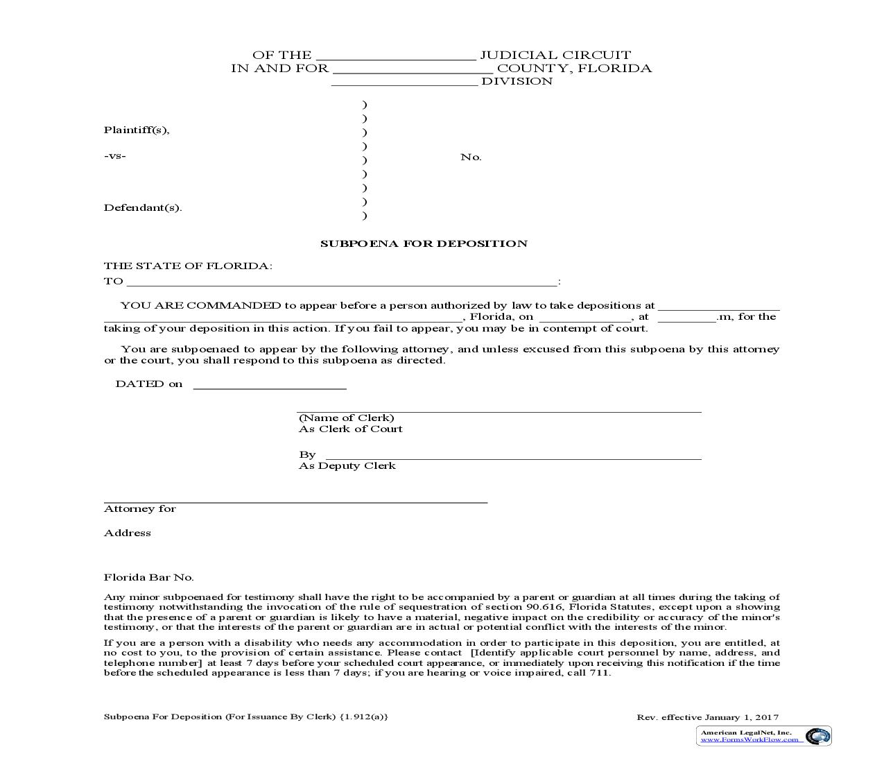 Subpoena For Deposition (For Issuance By Clerk) {1.912(a)} | Pdf Fpdf Doc Docx | Florida