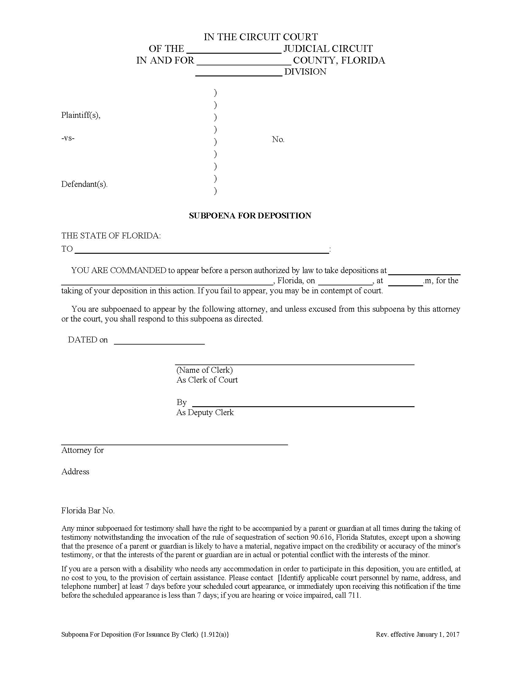 Subpoena For Deposition (For Issuance By Clerk) {1.912(a)} | Pdf Fpdf Doc Docx | Florida