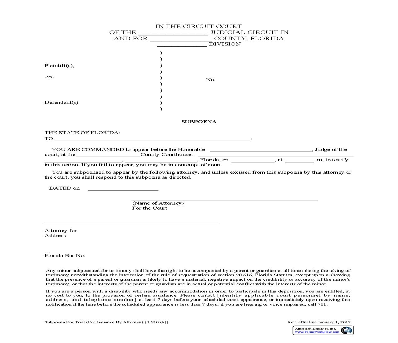 Subpoena For Trial (For Issuance By Attorney) {1.910(b)} | Pdf Fpdf Doc Docx | Florida