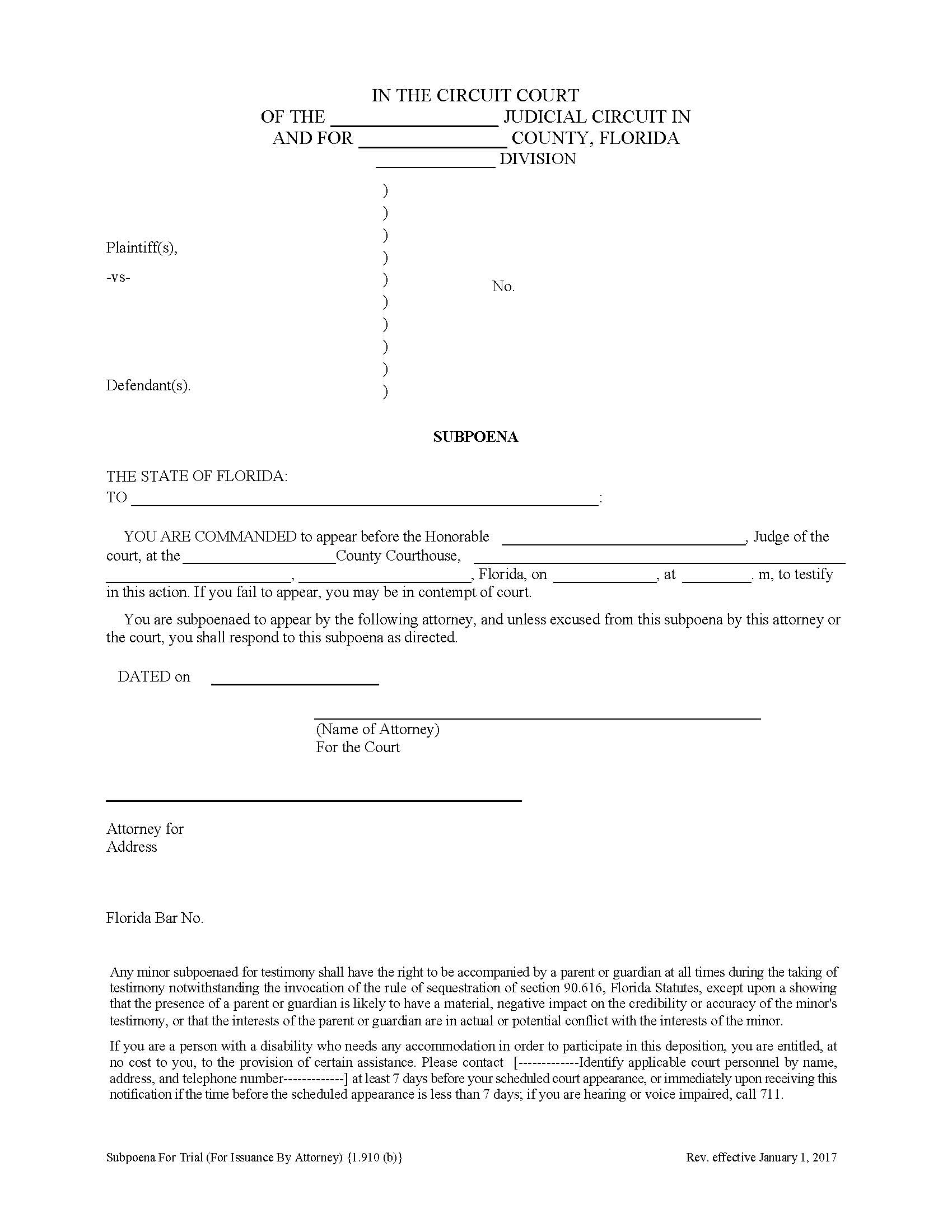 Subpoena For Trial (For Issuance By Attorney) {1.910(b)} | Pdf Fpdf Doc Docx | Florida