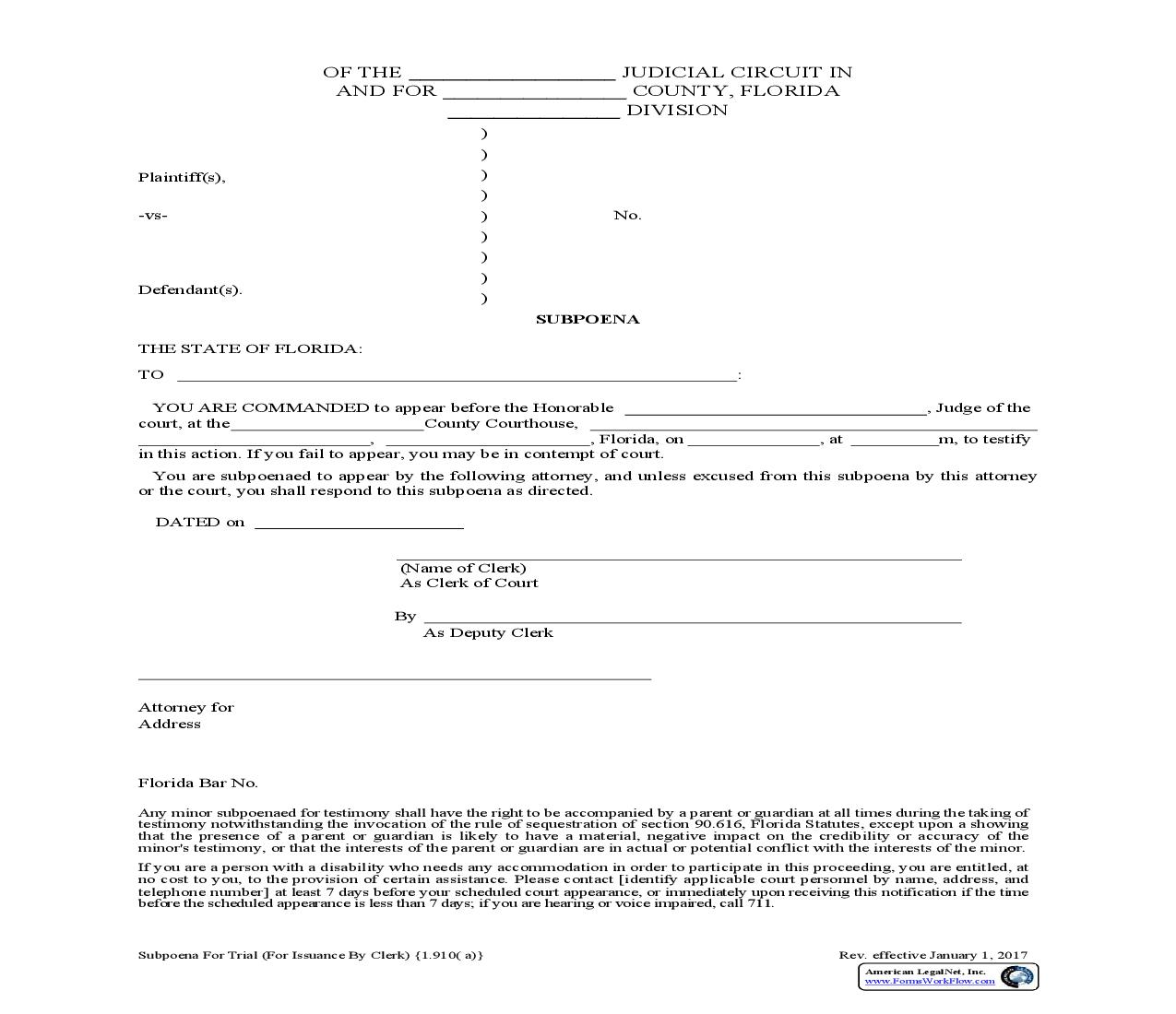 Subpoena For Trial (For Issuance By Clerk) {1.910(a)} | Pdf Fpdf Doc Docx | Florida