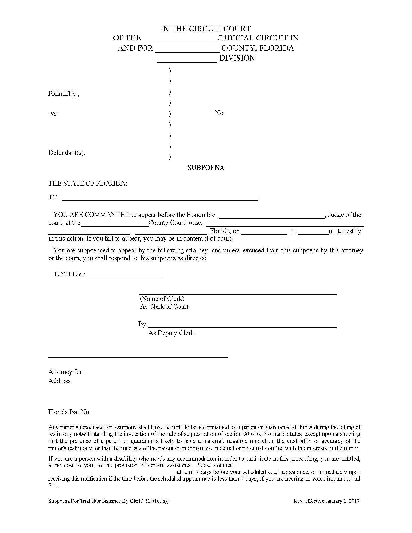 Subpoena For Trial (For Issuance By Clerk) {1.910(a)} | Pdf Fpdf Doc Docx | Florida