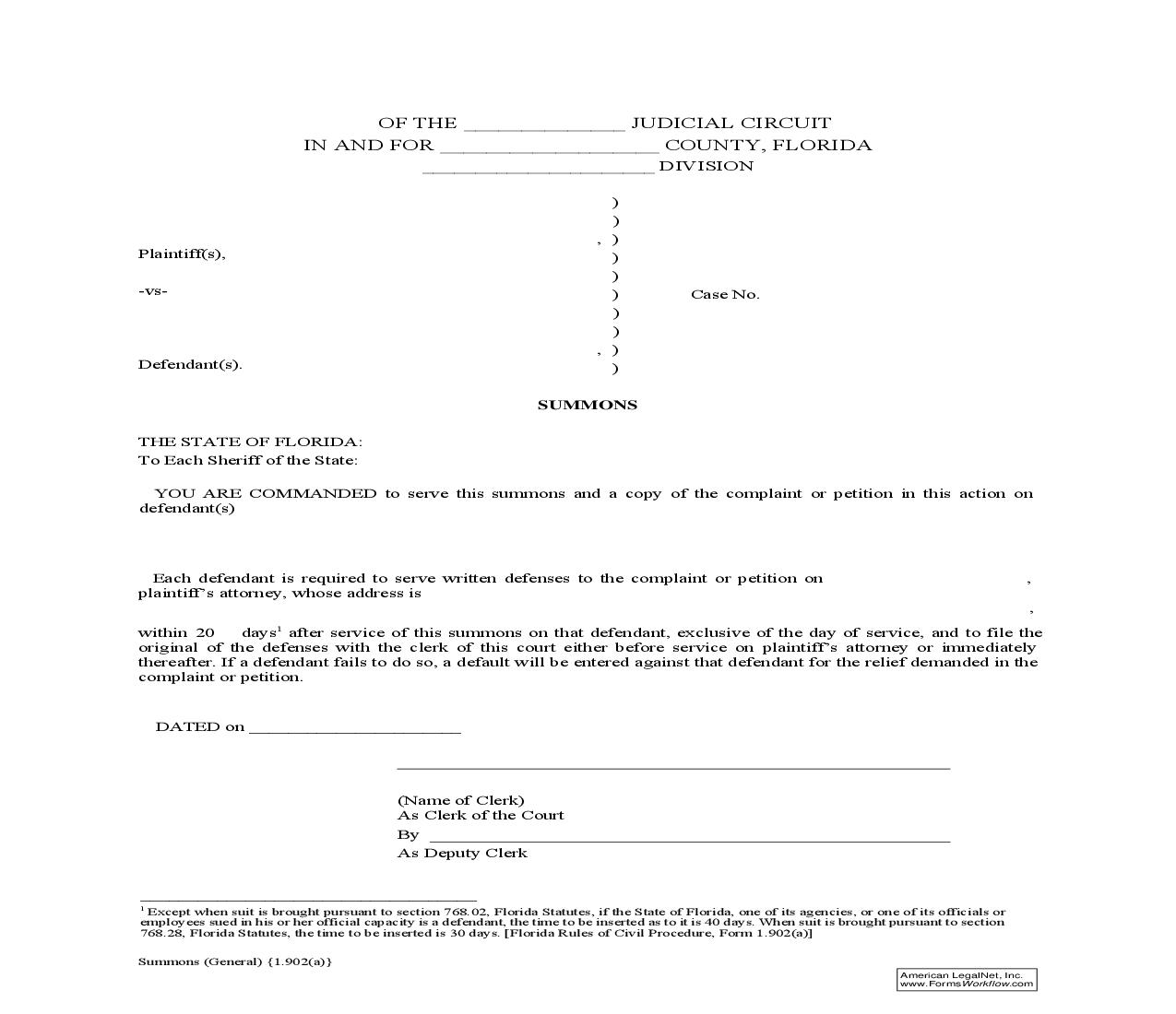 Summons (General) {1.902(a)} | Pdf Fpdf Doc Docx | Florida