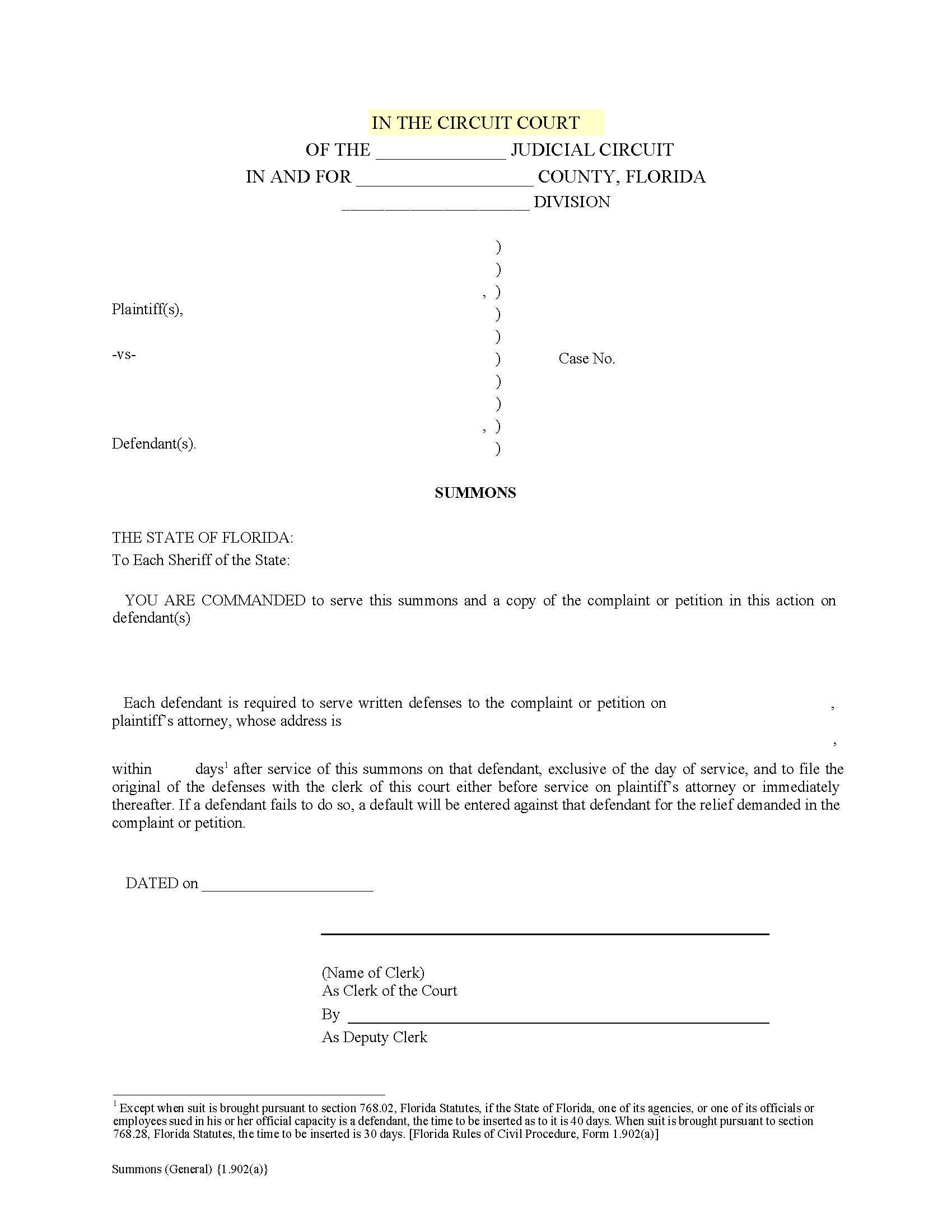 Summons (General) {1.902(a)} | Pdf Fpdf Doc Docx | Florida