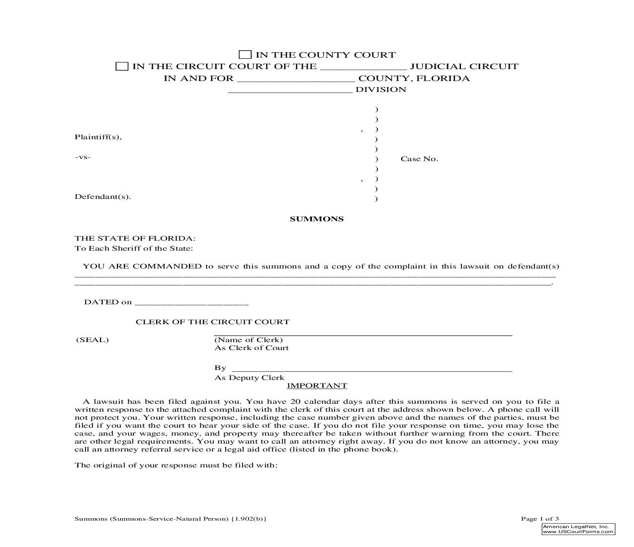 Summons (Summons-Service-Natural Person) {1.902(b)} | Pdf Fpdf Doc Docx | Florida