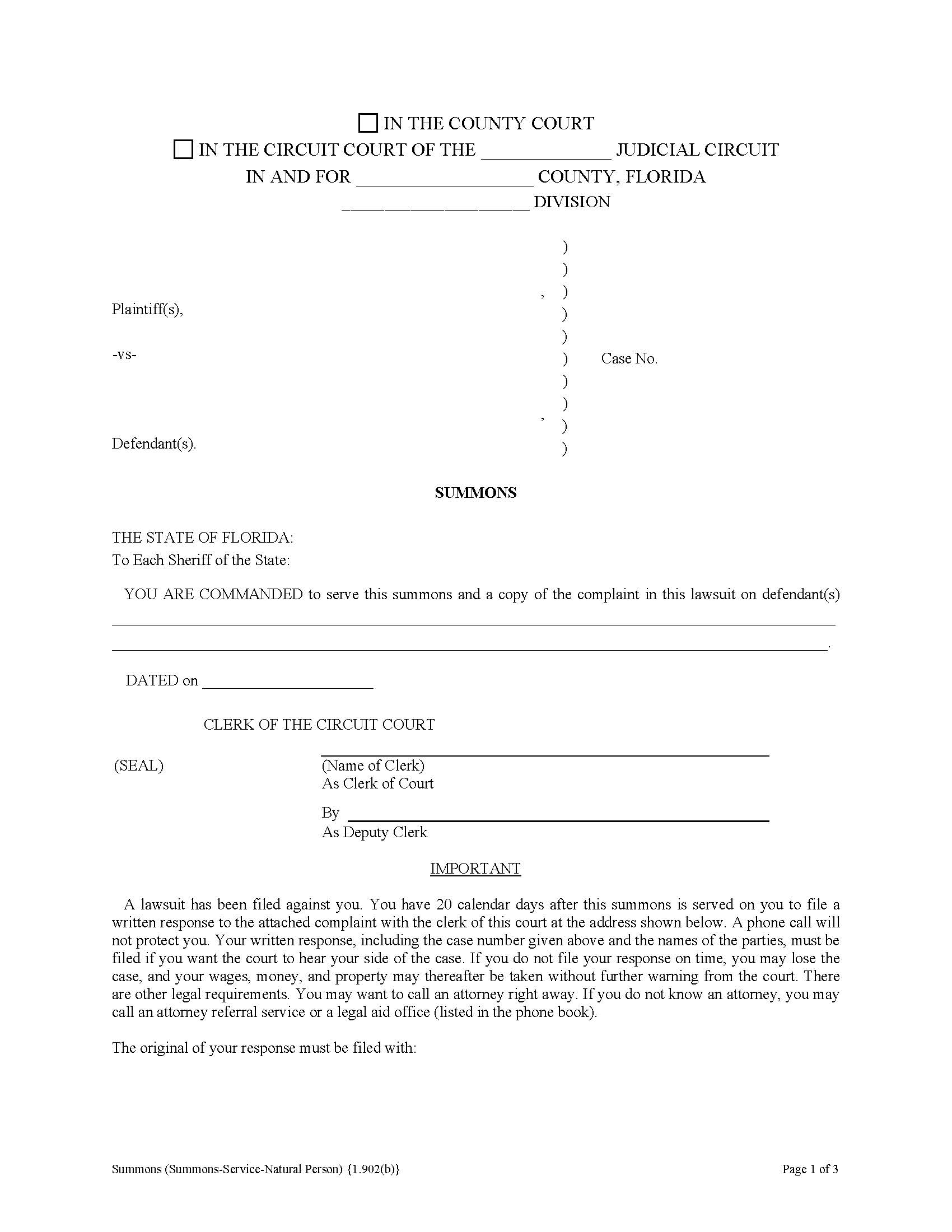 Summons (Summons-Service-Natural Person) {1.902(b)} | Pdf Fpdf Doc Docx | Florida
