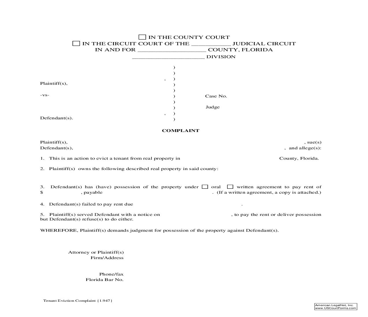 Tenant Eviction Complaint {1.947} | Pdf Fpdf Doc Docx | Florida