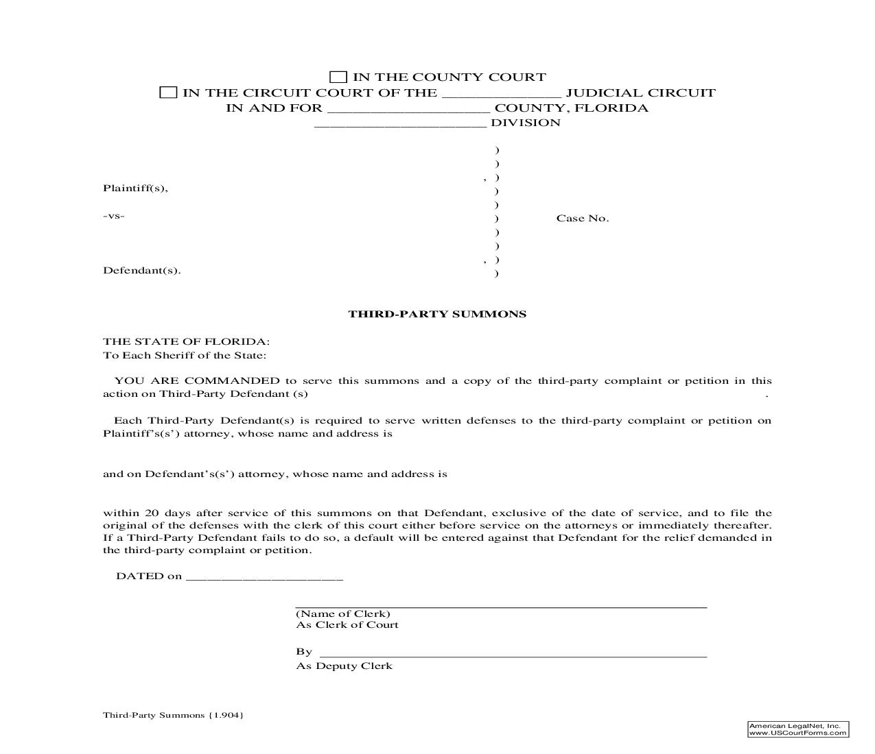 Third-Party Summons {1.904} | Pdf Fpdf Doc Docx | Florida