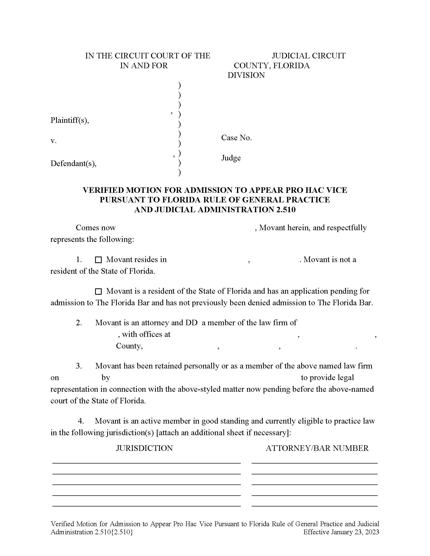 Verified Motion For Admission To Appear Pro Hac Vice {2.510} | Pdf Fpdf Docx | Florida