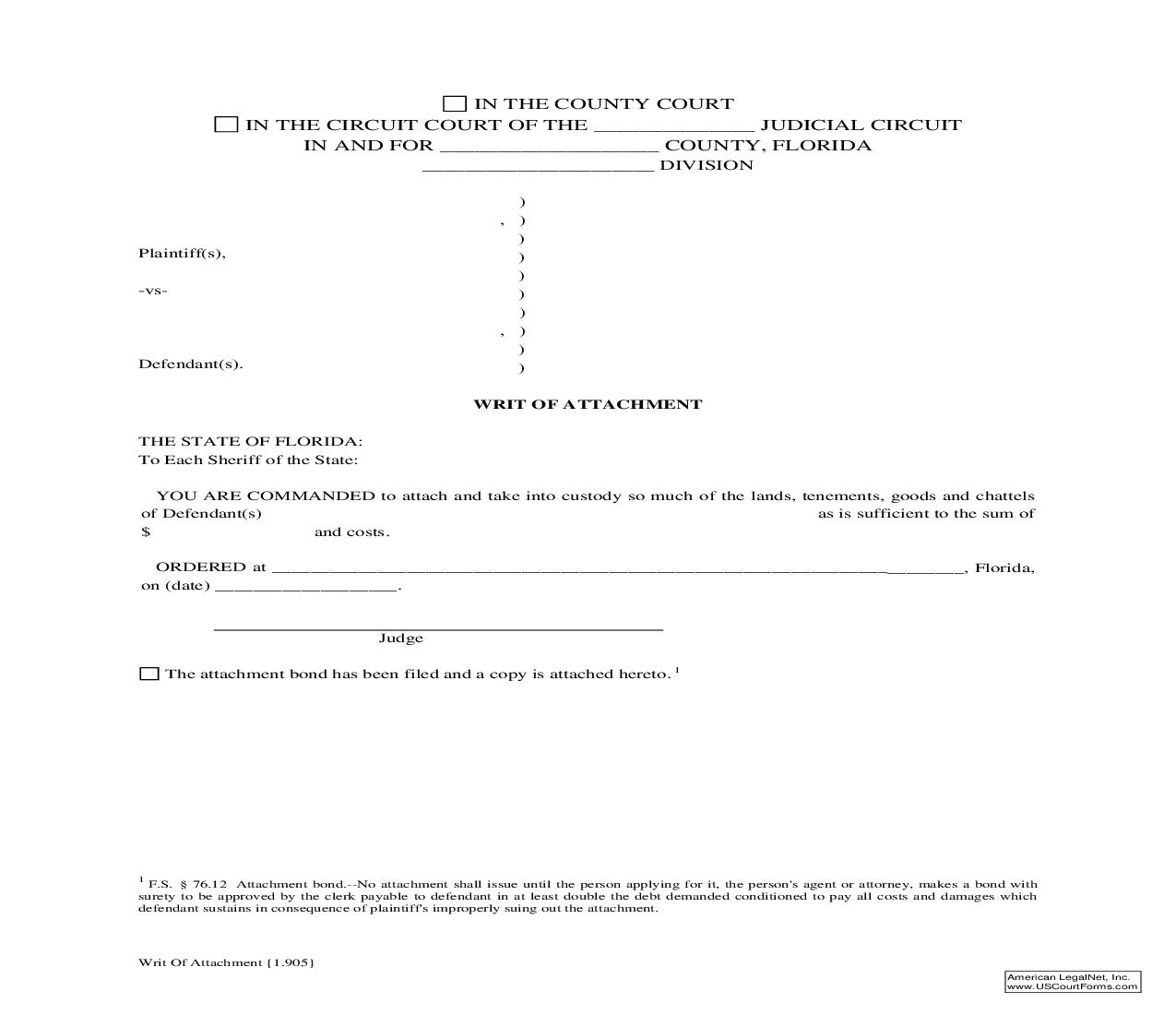 Writ Of Attachment {1.905} | Pdf Fpdf Doc Docx | Florida