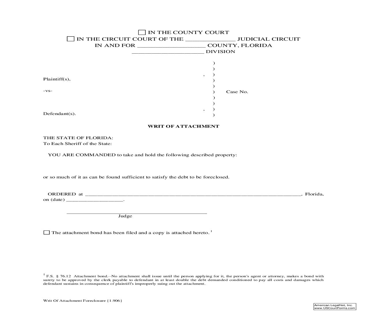 Writ Of Attachment Foreclosure {1.906} | Pdf Fpdf Doc Docx | Florida