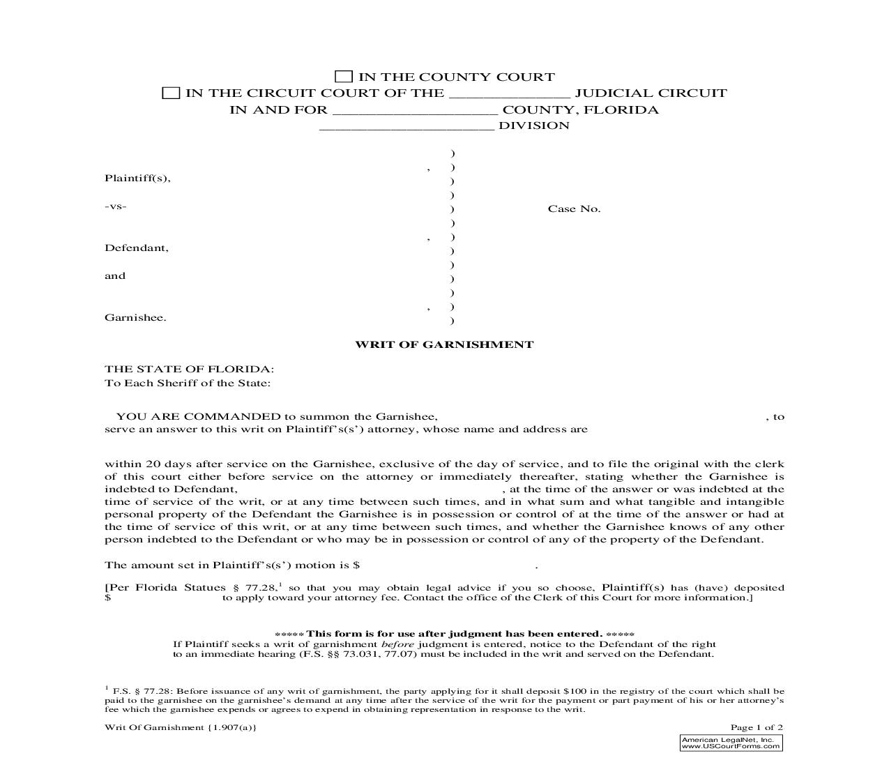 Writ Of Garnishment {1.907(a)} | Pdf Fpdf Doc Docx | Florida