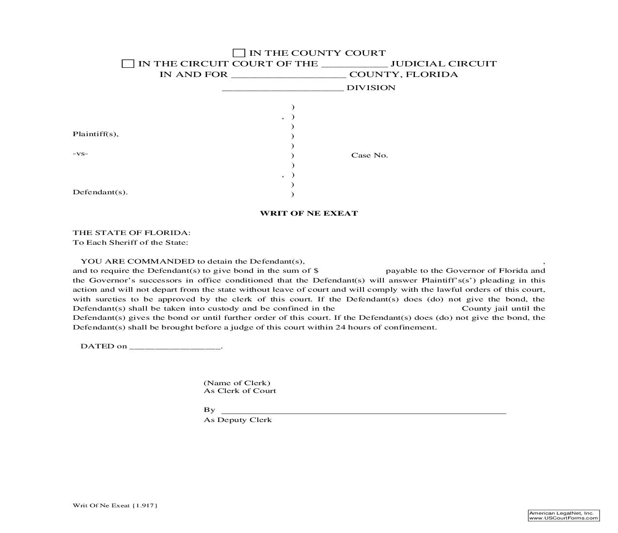 Writ Of Ne Exeat {1.917} | Pdf Fpdf Doc Docx | Florida