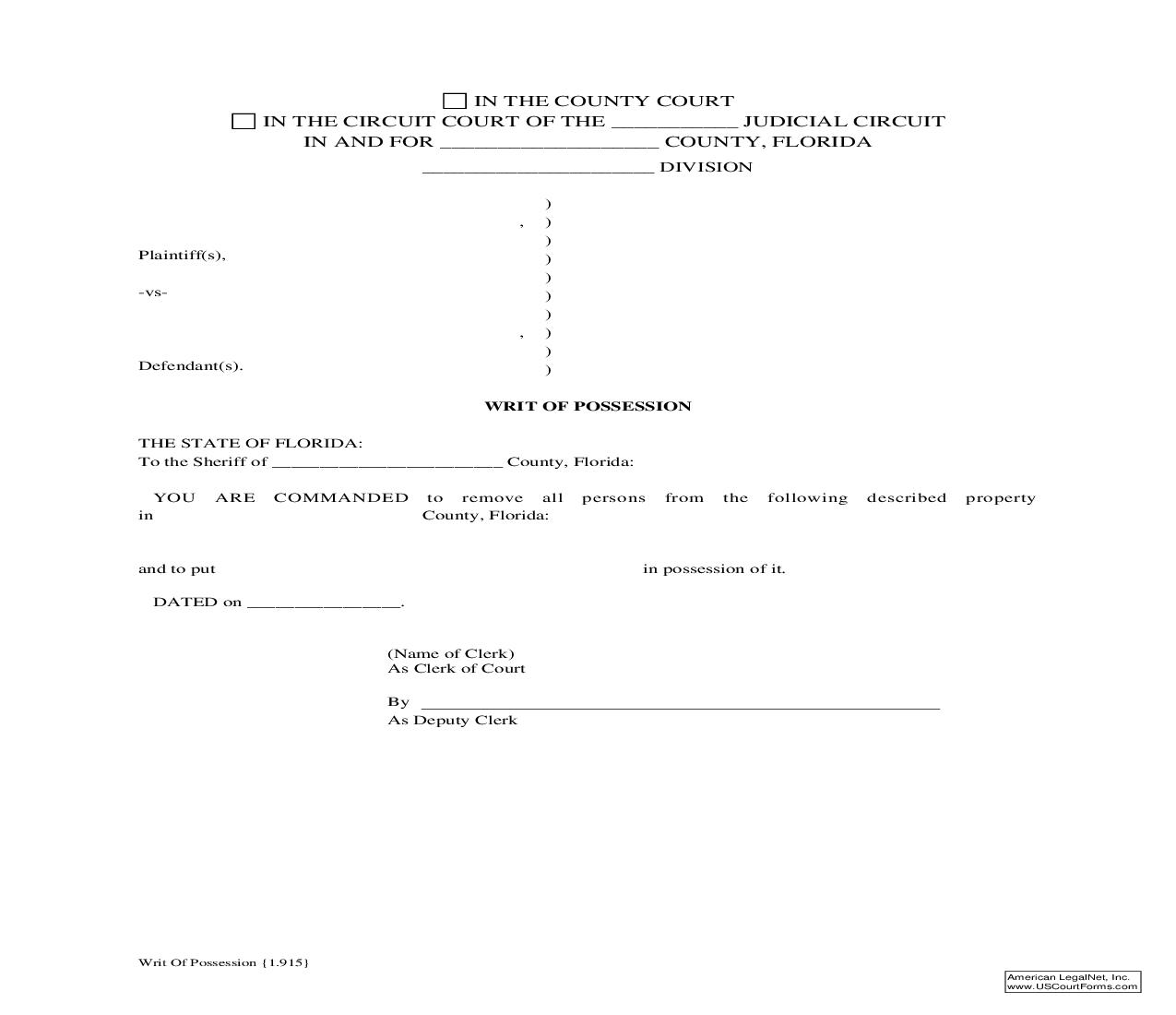 Writ Of Possession {1.915} | Pdf Fpdf Doc Docx | Florida