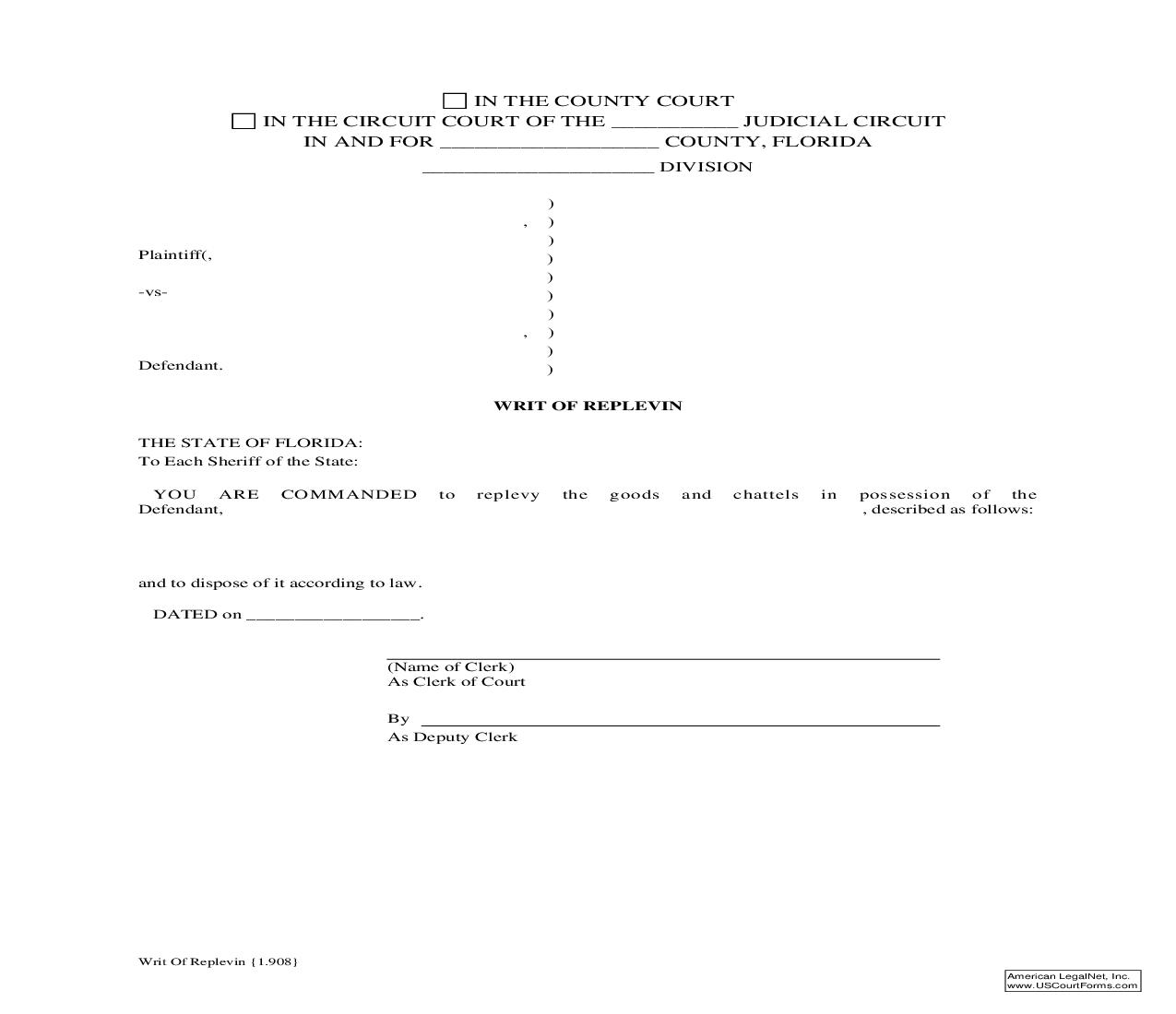 Writ Of Replevin {1.908} | Pdf Fpdf Doc Docx | Florida
