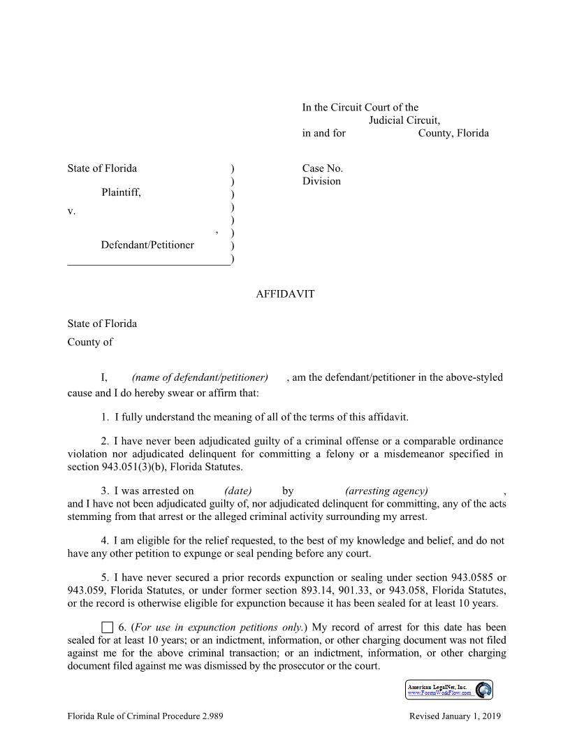 Affidavit Petition And Order To Expunge Or Seal (Packet) | Pdf Fpdf Docx | Florida