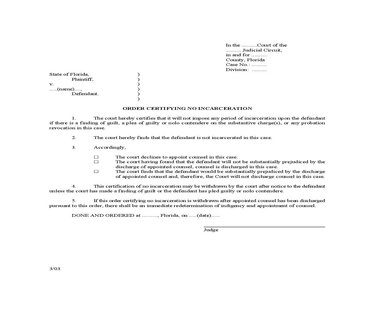 Order Certifying No Incarceration | Pdf Fpdf Doc Docx | Florida