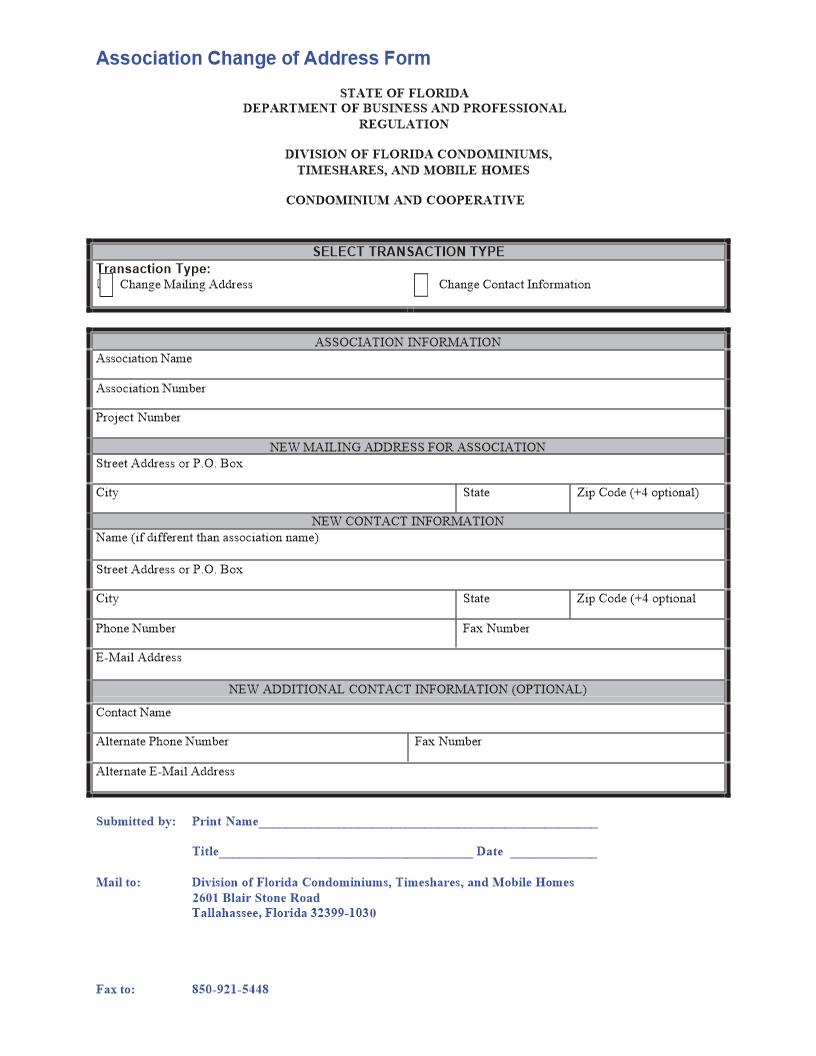 Association Change Of Address Form | Pdf Fpdf Docx | Florida