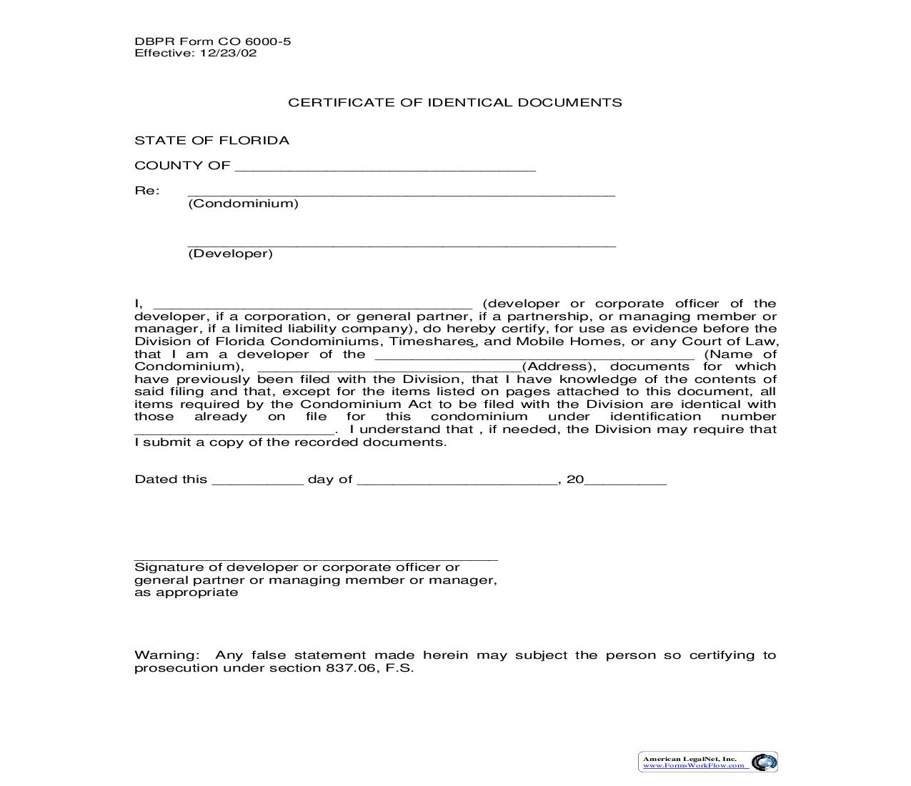 Certificate Of Identical Documents {CO 6000-5} | Pdf Fpdf Doc Docx | Florida