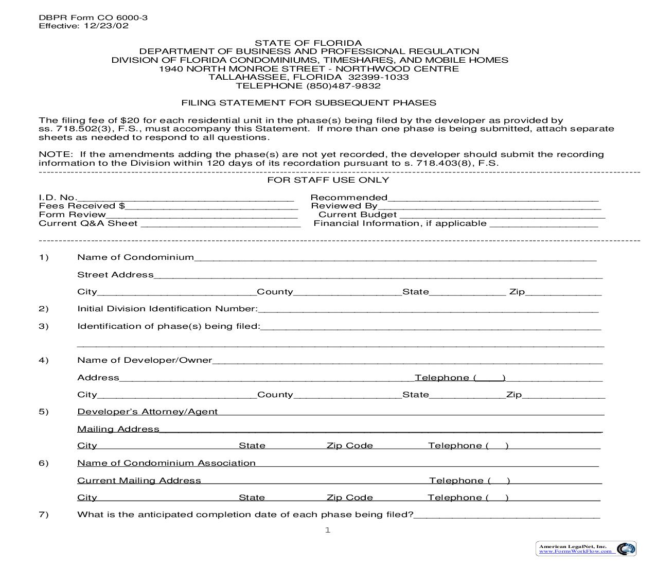 Filing Statement For Subsequent Phases {CO 6000-3} | Pdf Fpdf Doc Docx | Florida