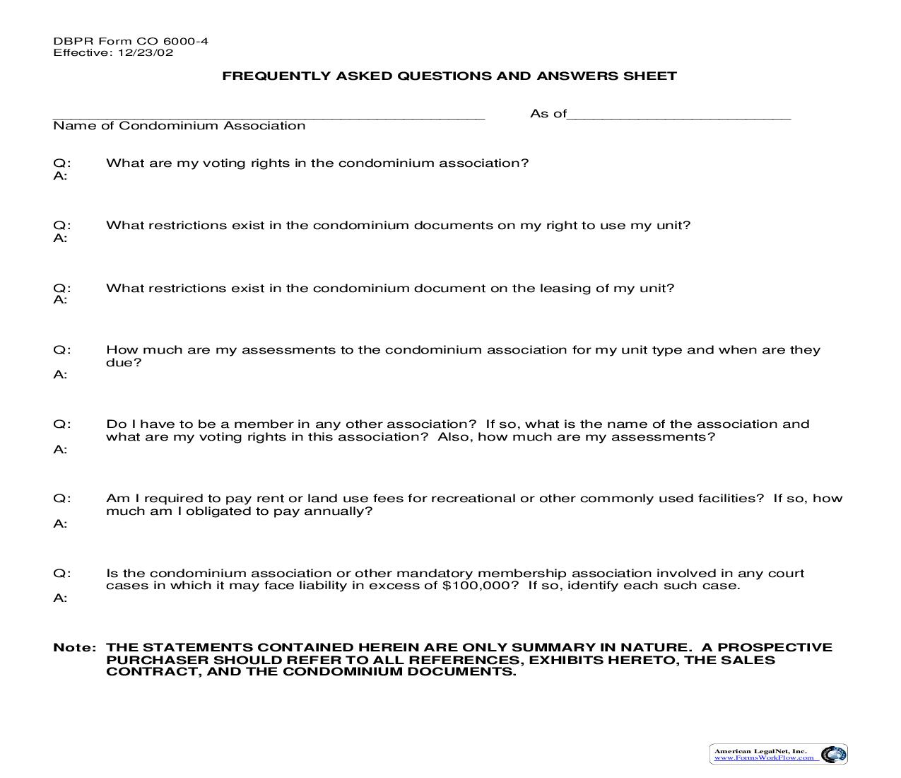Frequently Asked Questions And Answers Sheet {CO 6000-4} | Pdf Fpdf Doc Docx | Florida