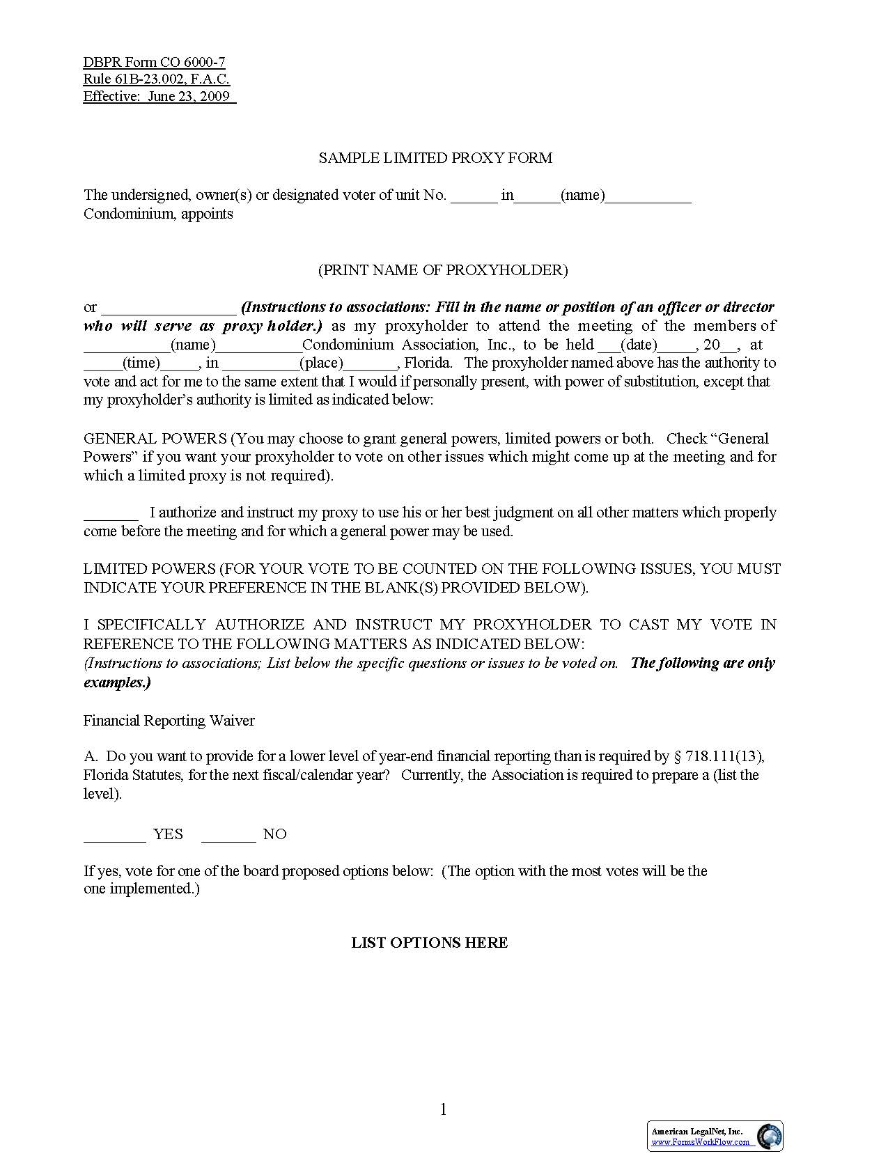 Limited Proxy - Sample And Form {CO 6000-7} | Pdf Fpdf Doc Docx | Florida