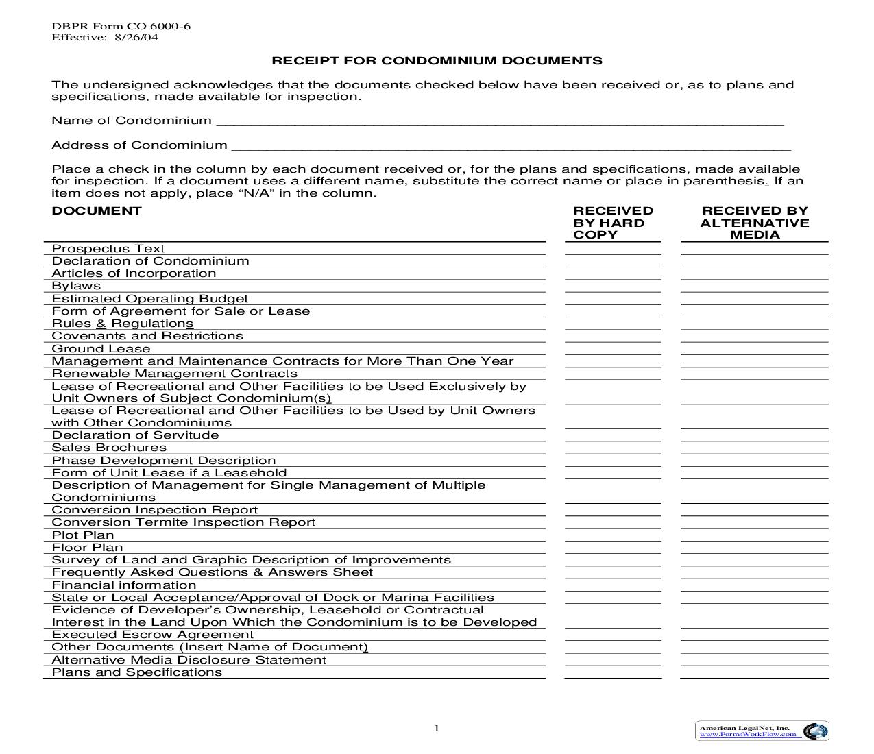 Receipt For Condominium Documents {CO 6000-6} | Pdf Fpdf Doc Docx | Florida