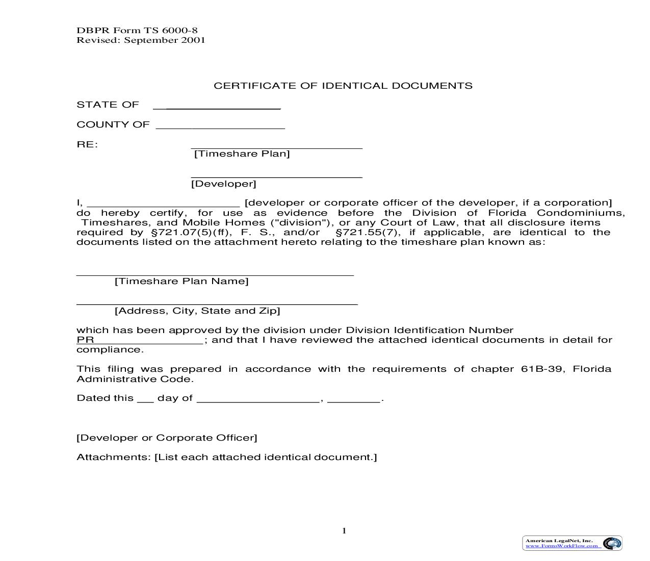 Certificate Of Identical Documents {TS 6000-8} | Pdf Fpdf Doc Docx | Florida