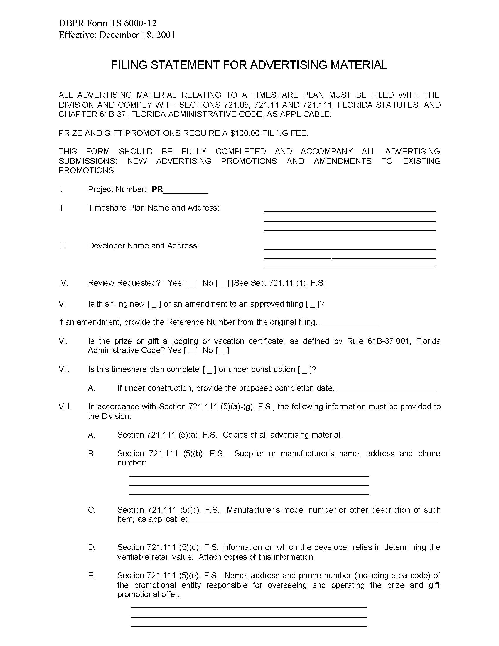 Filing Statement For Advertising Material {TS 6000-12} | Pdf Fpdf Doc Docx | Florida
