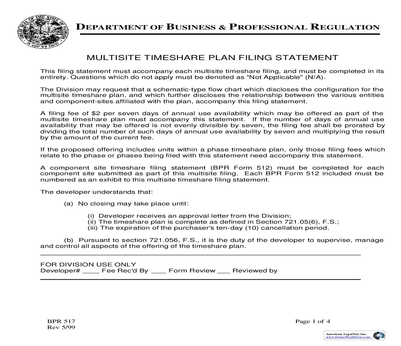 Multisite Timeshare Plan Filing Statement {BPT 517} | Pdf Fpdf Doc Docx | Florida