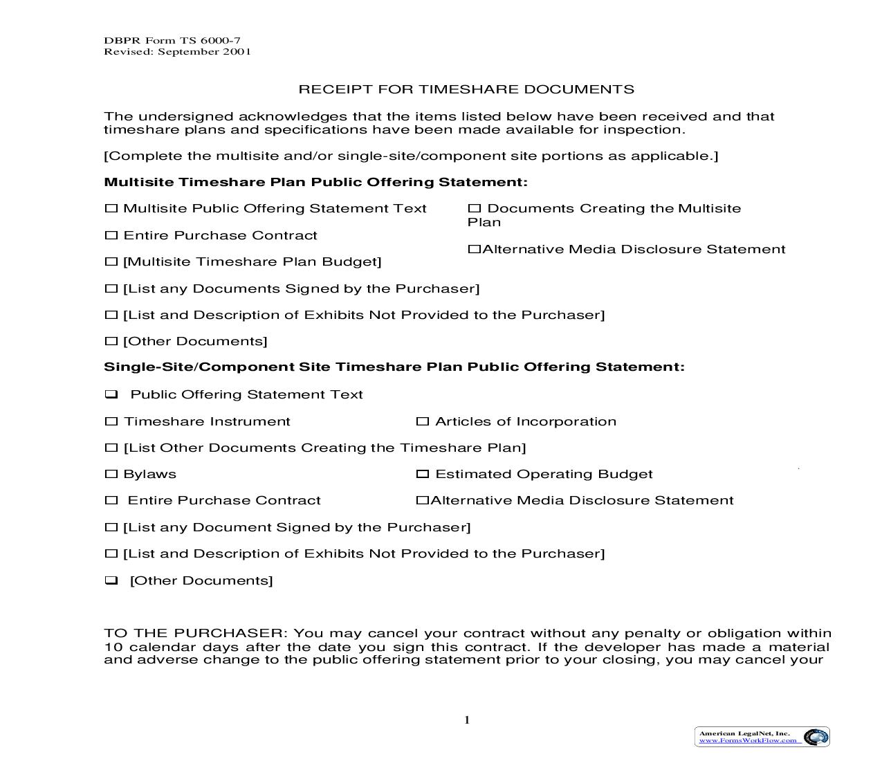 Receipt For Timeshare Documents {TS 6000-7} | Pdf Fpdf Doc Docx | Florida
