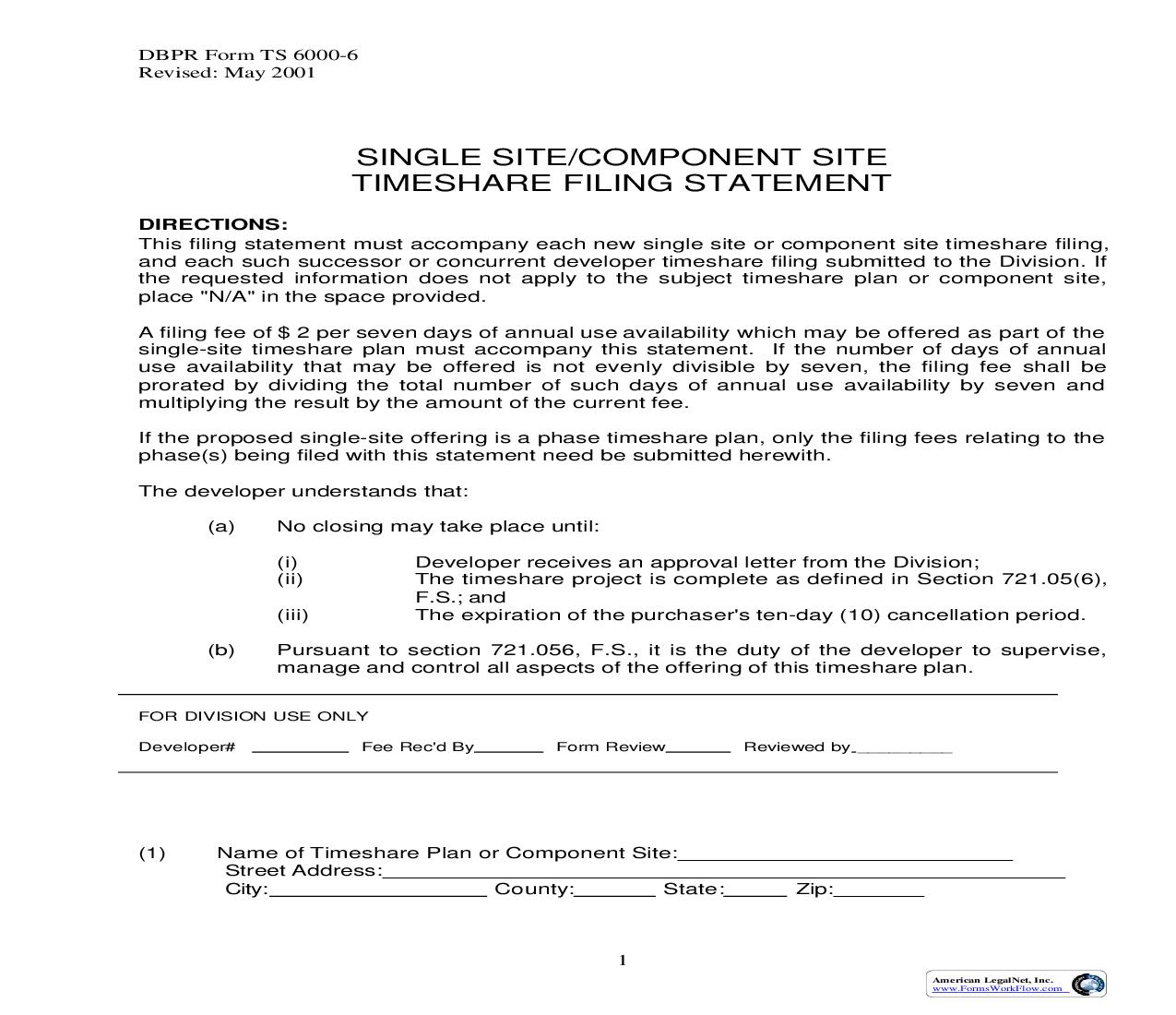 Single Site Or Component Site Timeshare Filing Statement {TS 6000-6} | Pdf Fpdf Doc Docx | Florida