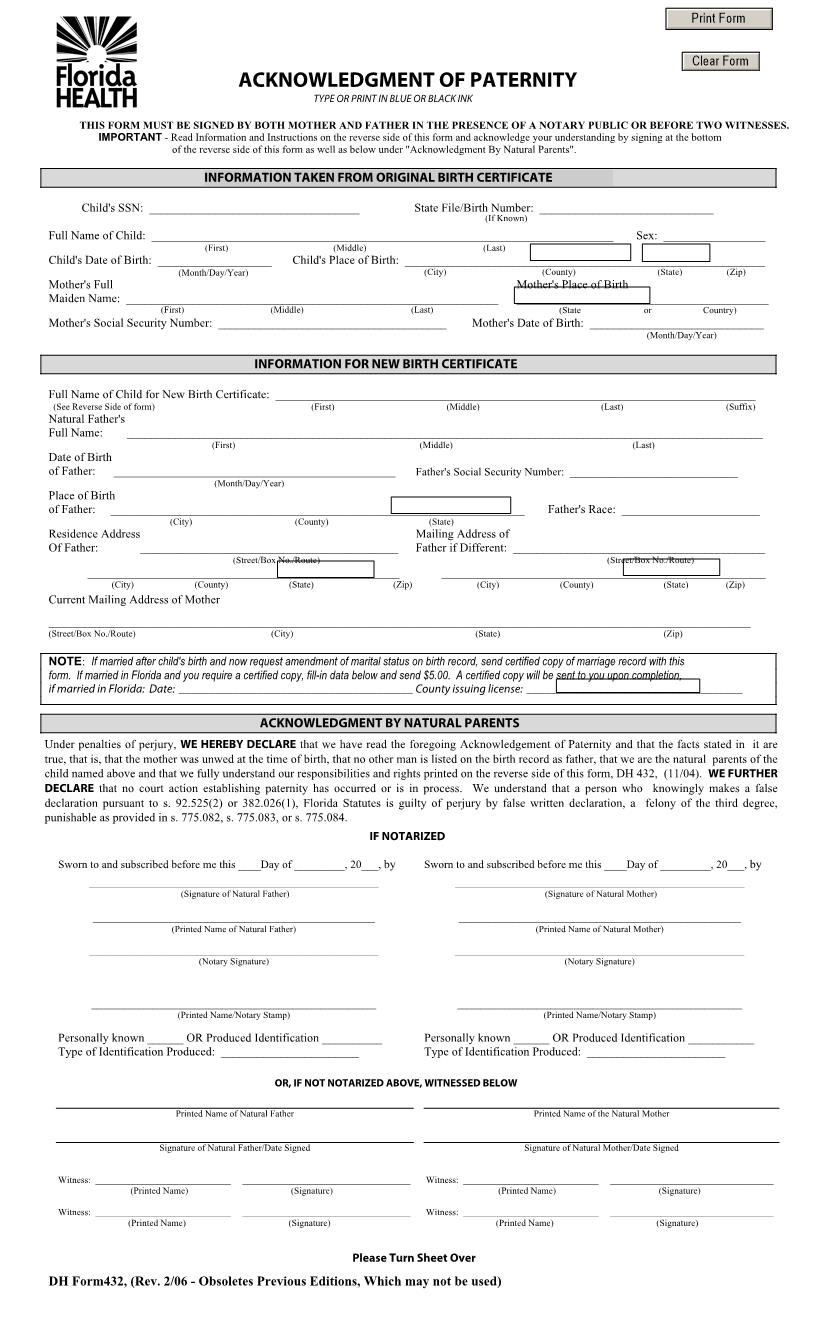 Acknowledgment Of Paternity {DH 432} | Pdf Fpdf Docx | Florida