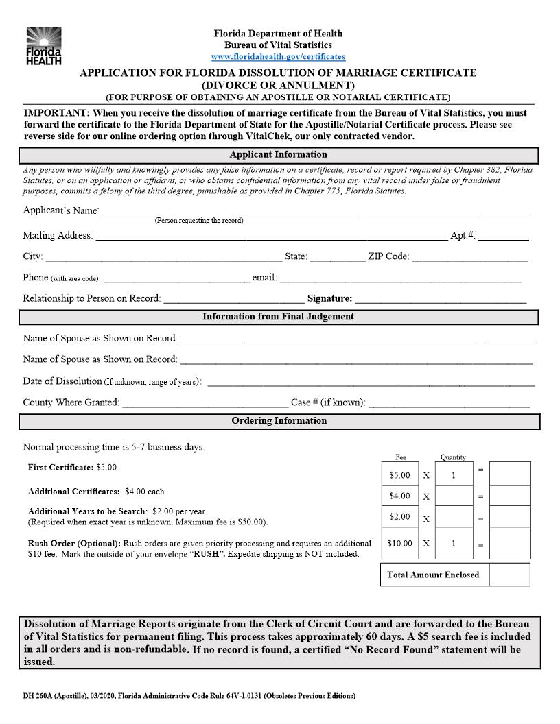 Application For Dissolution Of Marriage Report (Divorce Or Annulment - Apostille) {DH 260A} | Pdf Fpdf Docx | Florida