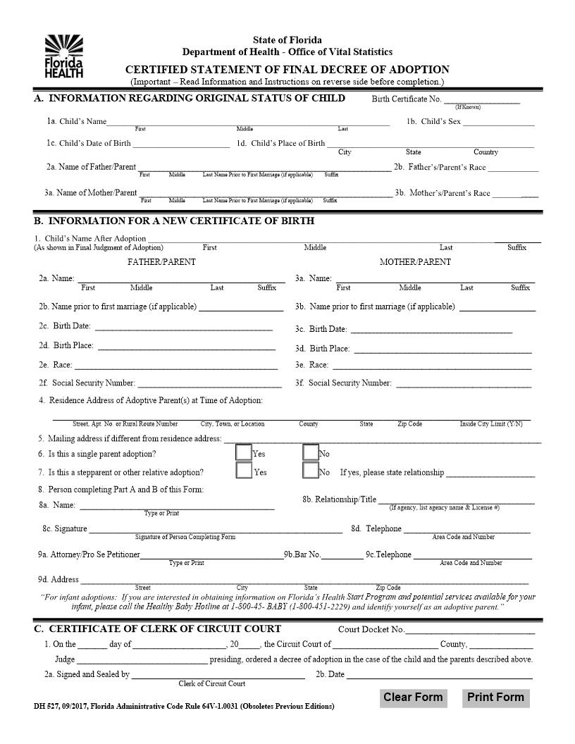 Certified Statement Of Final Decree Of Adoption {DH 527} | Pdf Fpdf Doc Docx | Florida