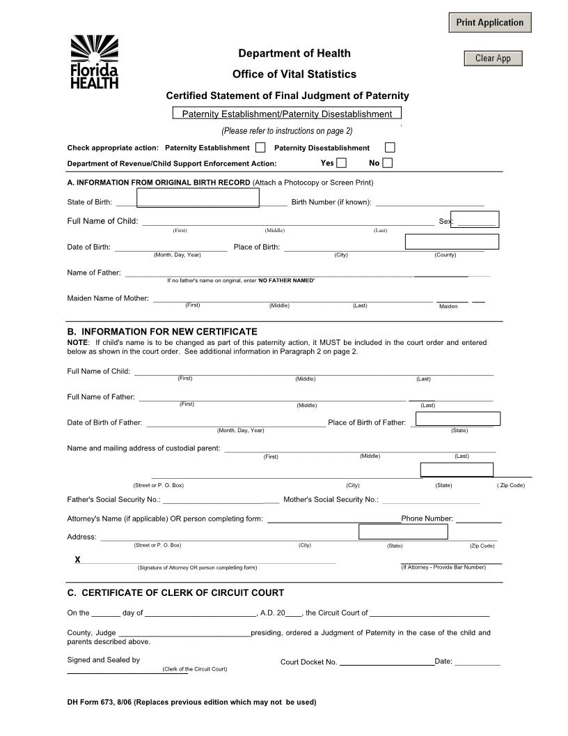 Certified Statement Of Final Judgment Of Paternity {DH 673} | Pdf Fpdf Docx | Florida